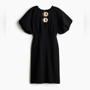 H&M Black Puff Sleeve Mini Dress with Gold Floral Lotus Detail | Size M